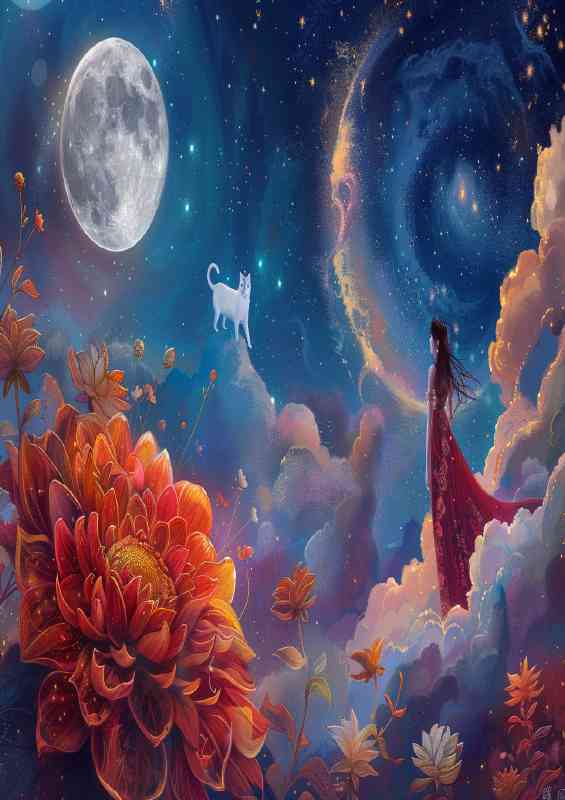 Goddess stepping out from the clouds and cat