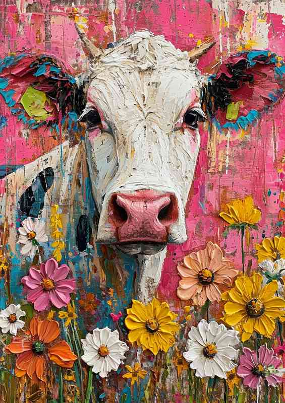 Hilary the colourful cow in a field of flowers