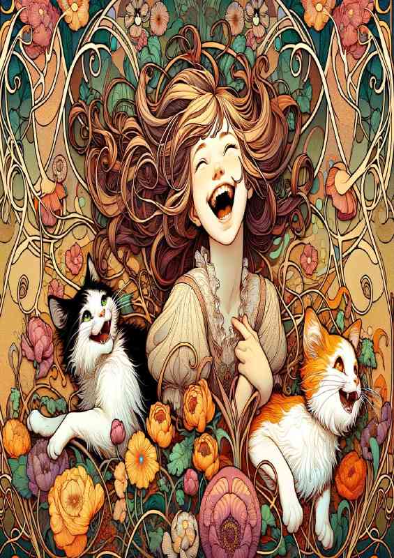 Joyful girl and two whimsical cats surrounded by nature