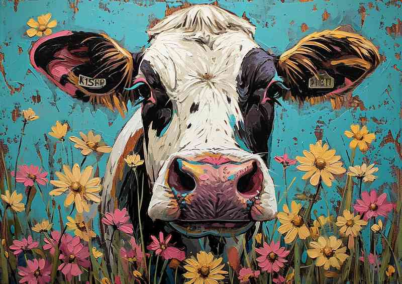 Katie the Cow on a blue background in a flower field