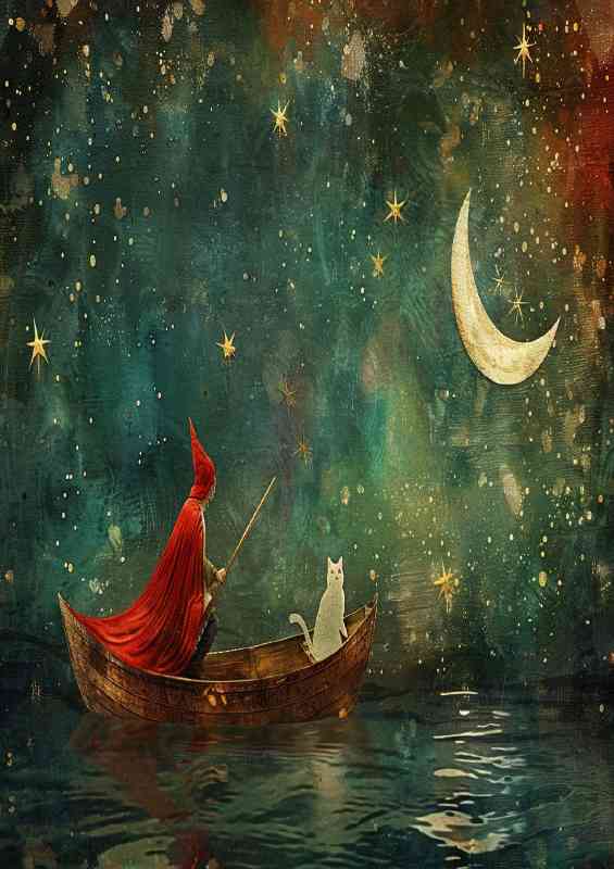 Lady in a red cape rowing a boat white cat