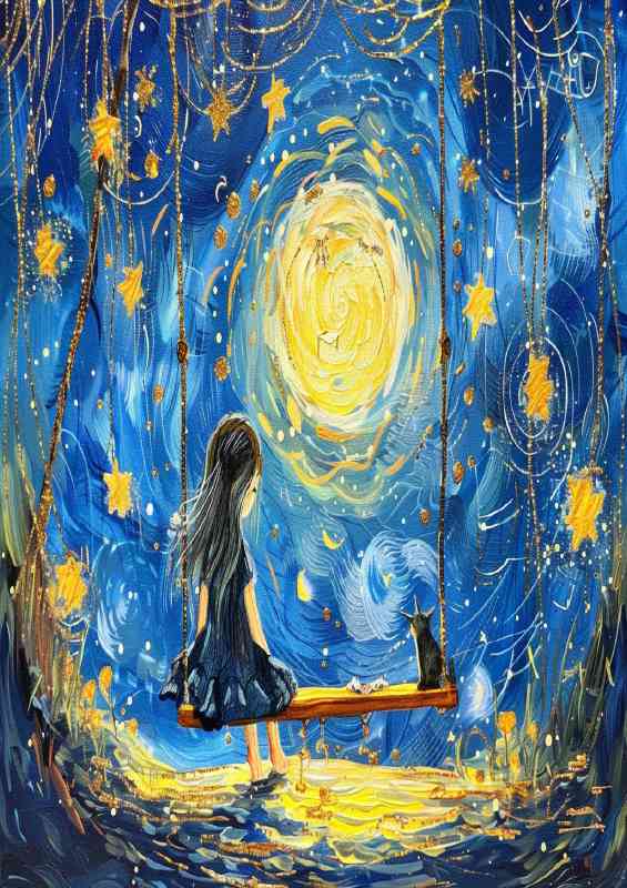 Little Girl on a swing and moon stars and cat