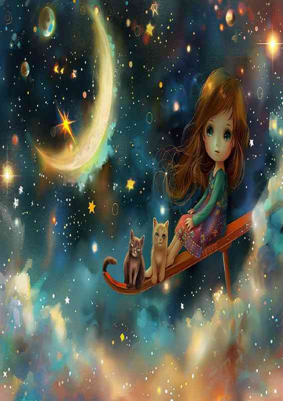 Little girl brown hair in space playing with cats