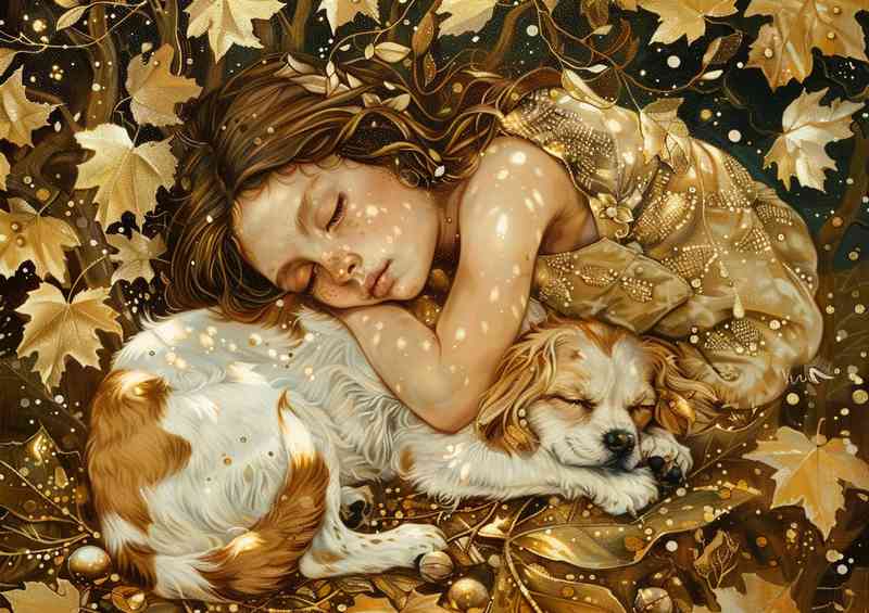 Little girl with a dog laying on leafs