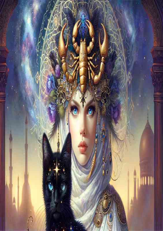 Mystical woman with captivating blue eyes and a cat