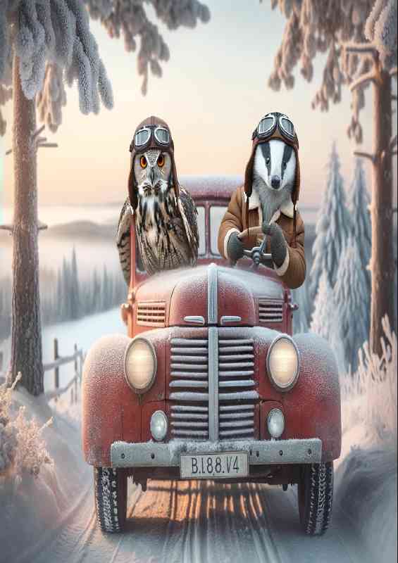 Owl and a Badger both wearing pilot helmets a rustic red truck