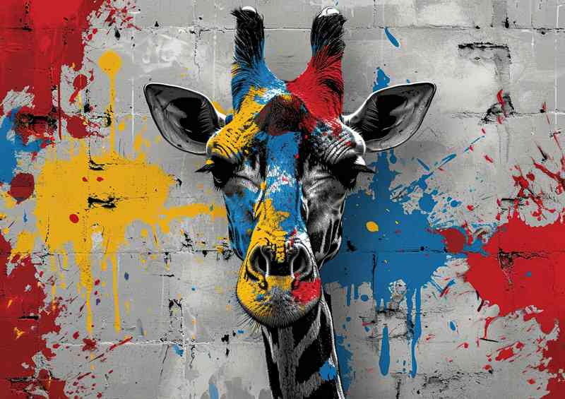 Paint splatters in red blue and yellow giraffe