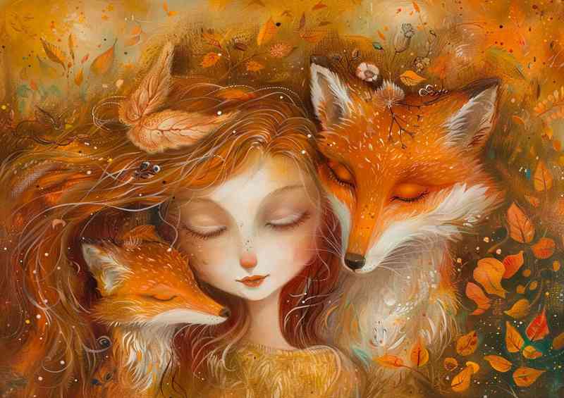 Painting of two foxes with an autumn girl
