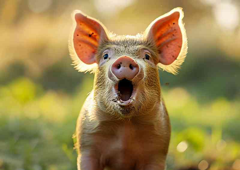 Pink pig with its mouth open