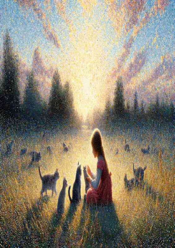 Pointillism Children and cats interacting in a meadow