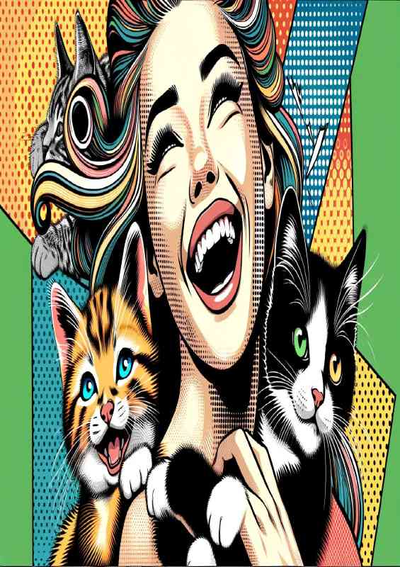 Pop art capturing laughing girl and two playful cats