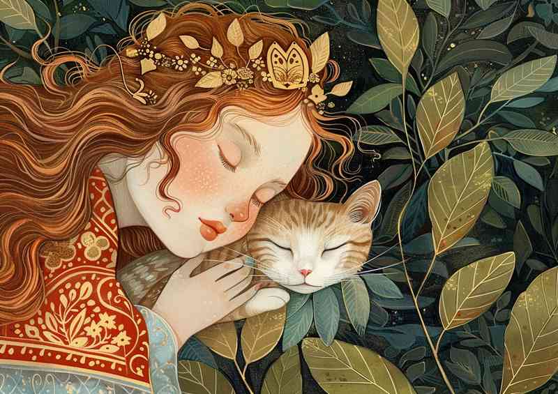 Princess with pet Cat sleeping on leafs