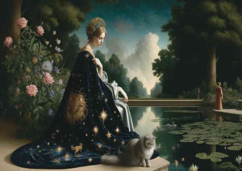 Serene beauty of a woman draped in a cloak by a pond with a cat