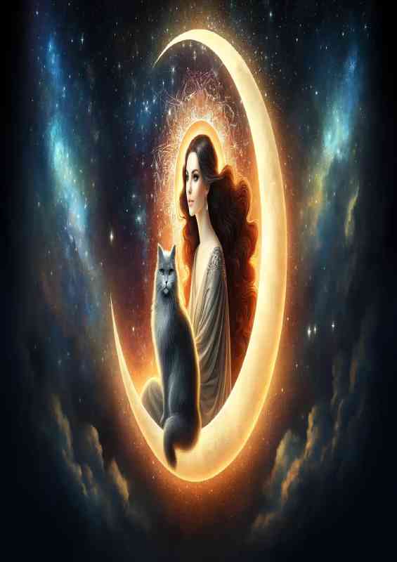 Serene woman with rich flowing hair and Cat on moon