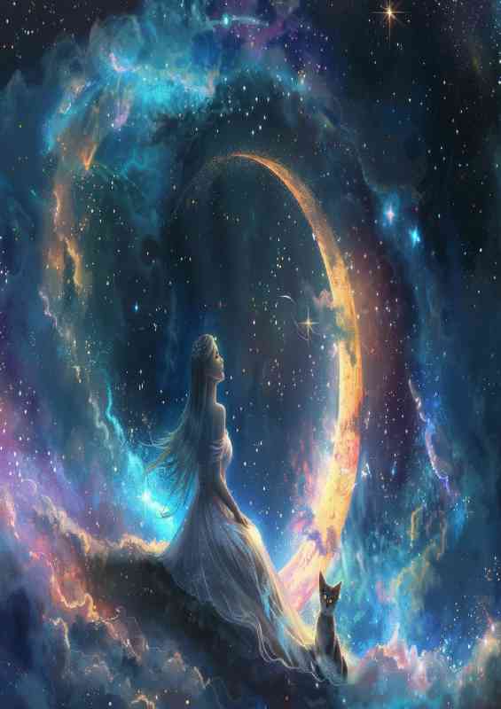 The colourful Night sky lady and moon and cat