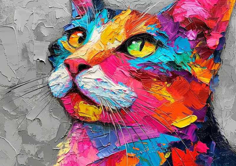 The colourful cat with a painted grey background