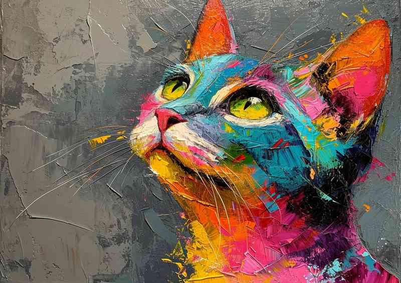 The colourful painted cat with grey backround