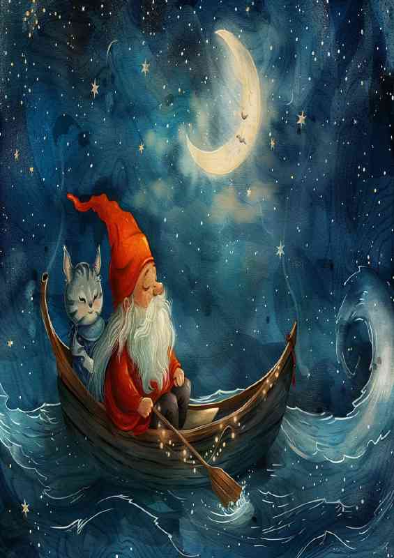 The cute little gnome and cat is sitting in the boat rowing