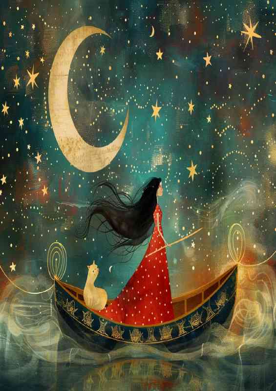 The girl and cat on the rowing boat