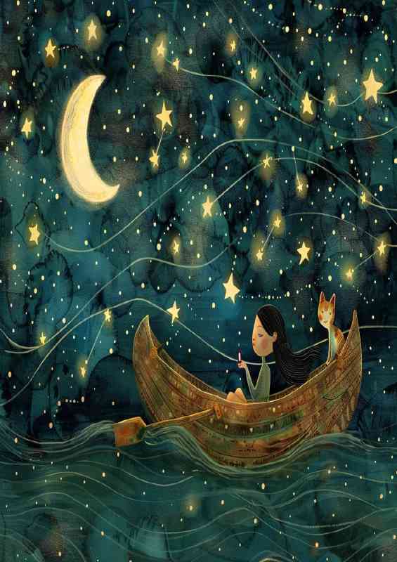 The little rowing boat moon and cat