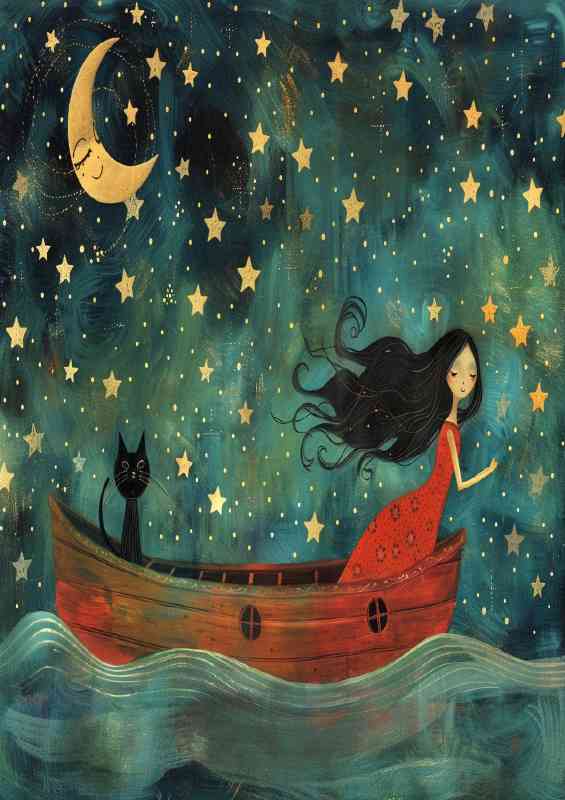 The stars and the boat on the sea with black cat