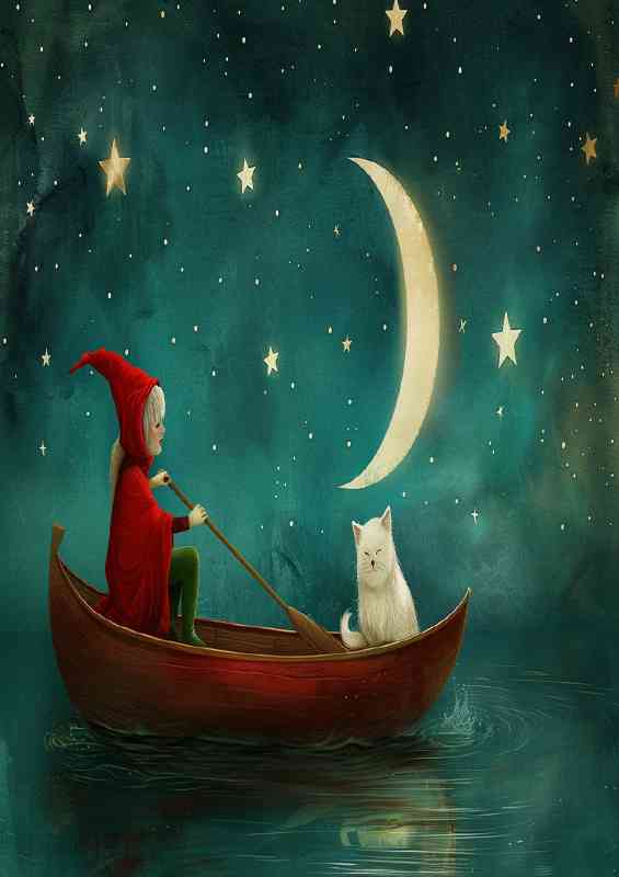 The white cat in the rowing boat