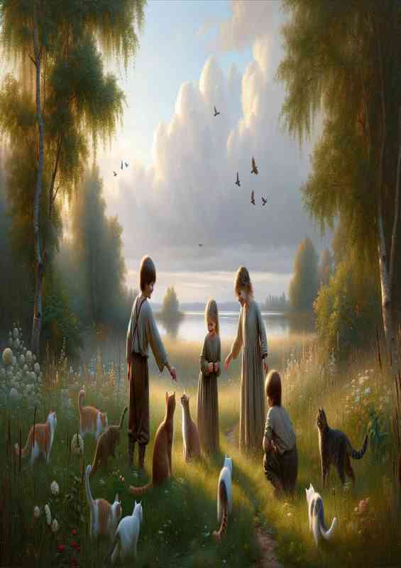 Three children playing with cats in a lush meadow