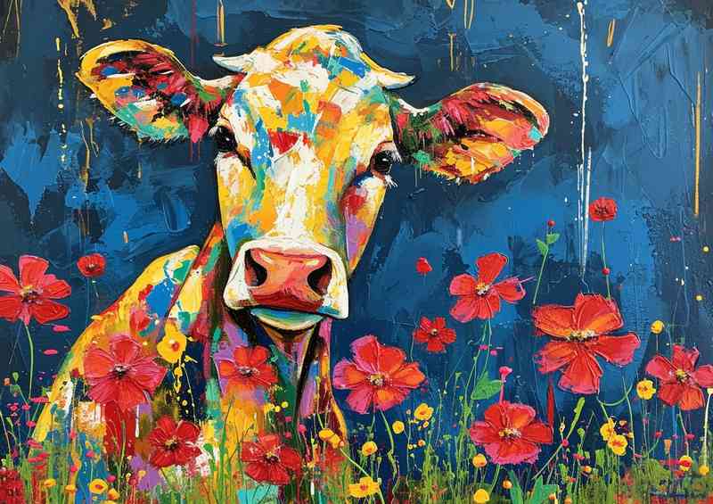 Tina the painted cow in a field of red flowers