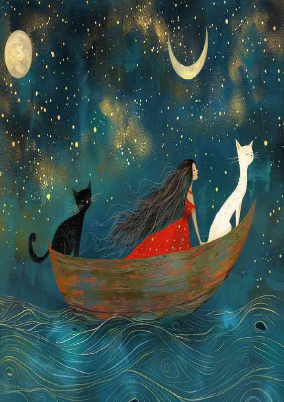 Two cats and the little girl on a boat