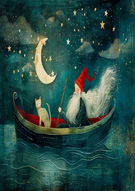 Whimsical beareded man on a rowing boat with cat