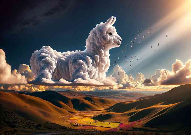 White clouds form the shape of a whimsical Llama in the sky