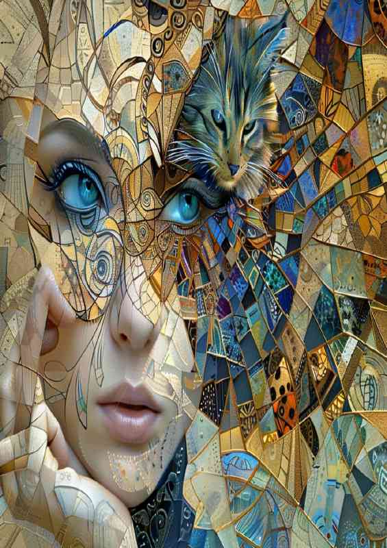 Woman with a cat on her face in abstract