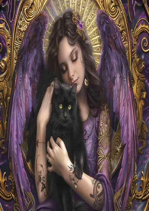 Woman with angel wings holding a black cat