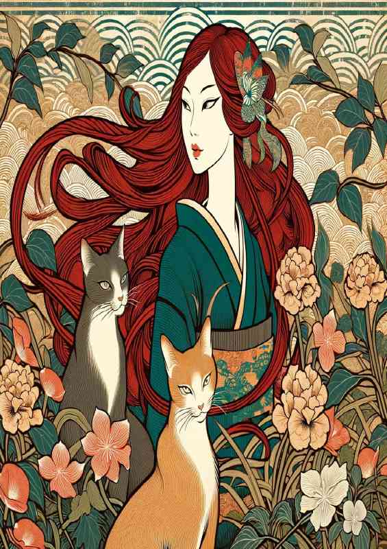 Woman with flowing red hair and two cats