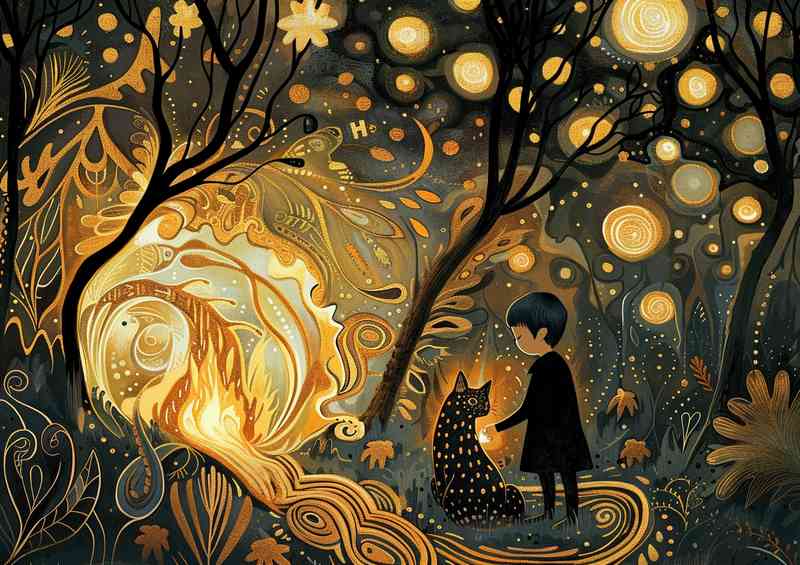 Young boy with cat near a fire in a dark forest