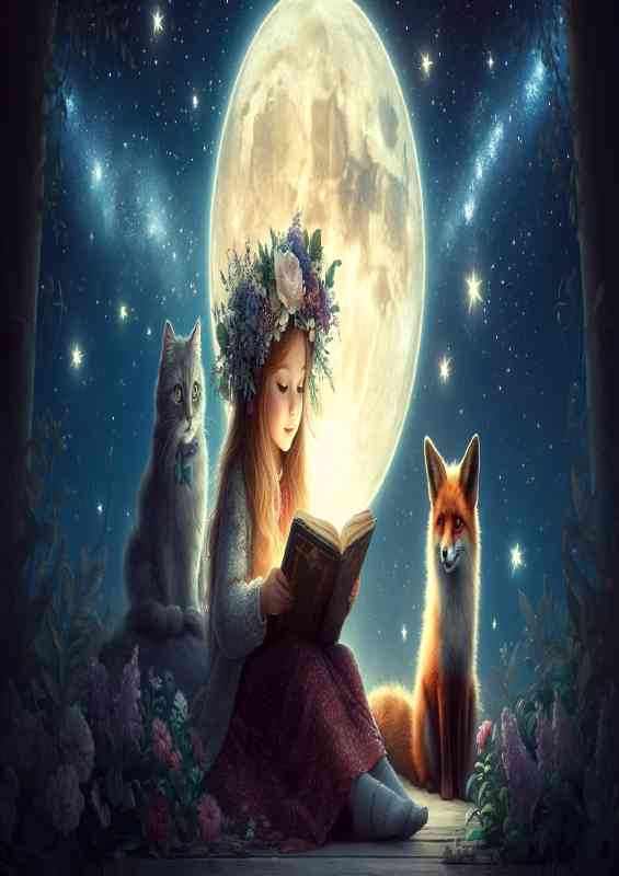 Young girl with a crown of flowers engrossed in an ancient book,