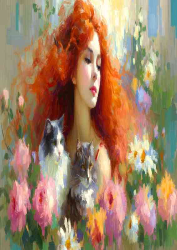 impressionist featuring a red haired woman surrounded by flowers