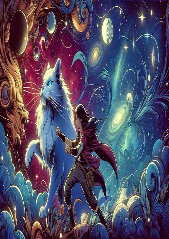 young girl and a majestic cat against cosmic scene