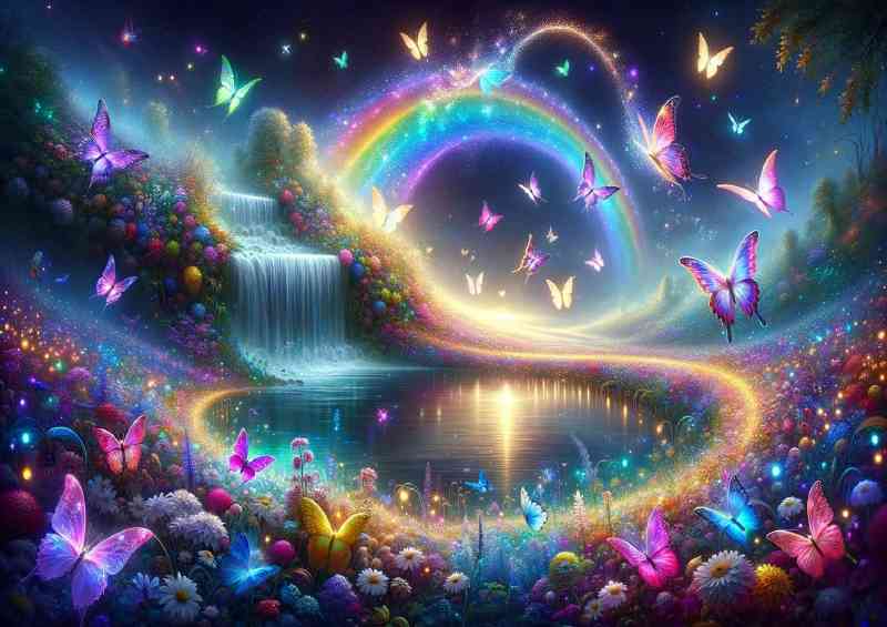 Dreamy landscape with Iridescent butterflies shimmering waterfall