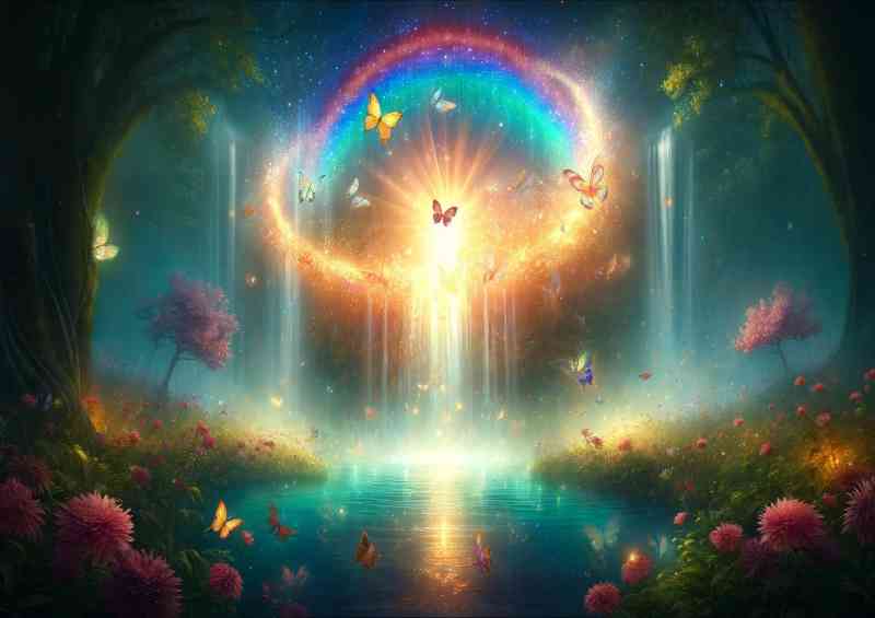 Ethereal scene of butterflies swirling around a vibrant