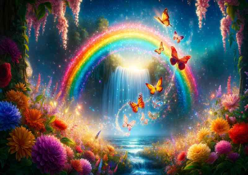 Magical vibrant butterflies flying across a rainbow