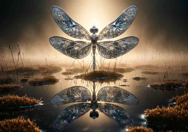 Metallic Dragonfly its wings a complex network of silver and glass