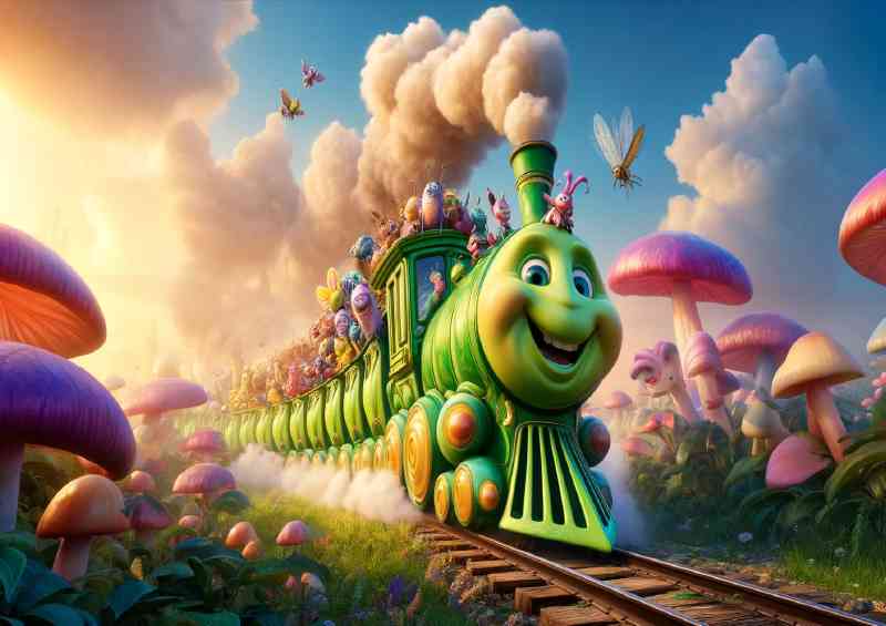 Quirky train shaped like a caterpillar vibrant green