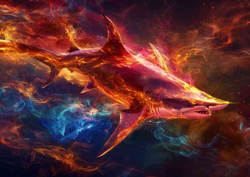Digital print depicting a shark in fire and smoke