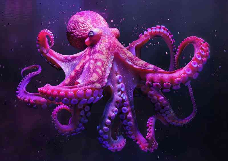 Pink Octopus in the darkness in the style of colorful