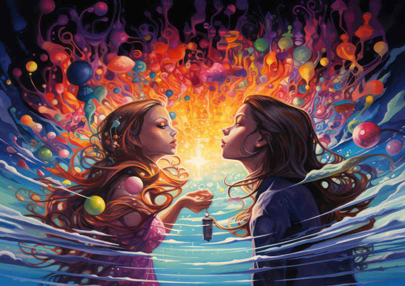 Two girls in a fantasy universe so colourful and bright