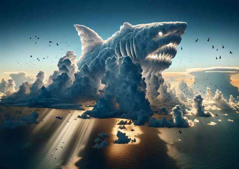 Thick clouds form the shape of a menacing shark in the sky