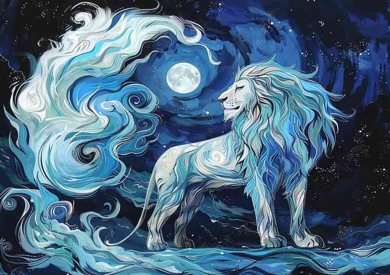 A Big lion standing in the night_against the moon