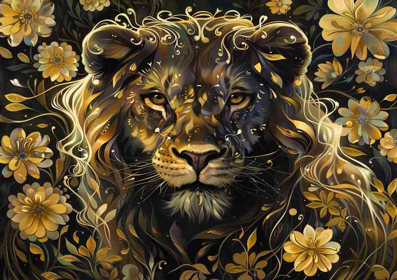 A Lion with painted floral flowers | Metal Poster