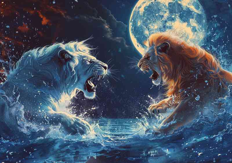 A Pair Of Lions Fighting the the water by the moon